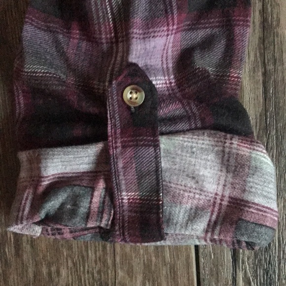 TATTOO PLAID Purple, Grey & Black High Low stretchy button up Long Sleeve Top - Picture 3 of 7